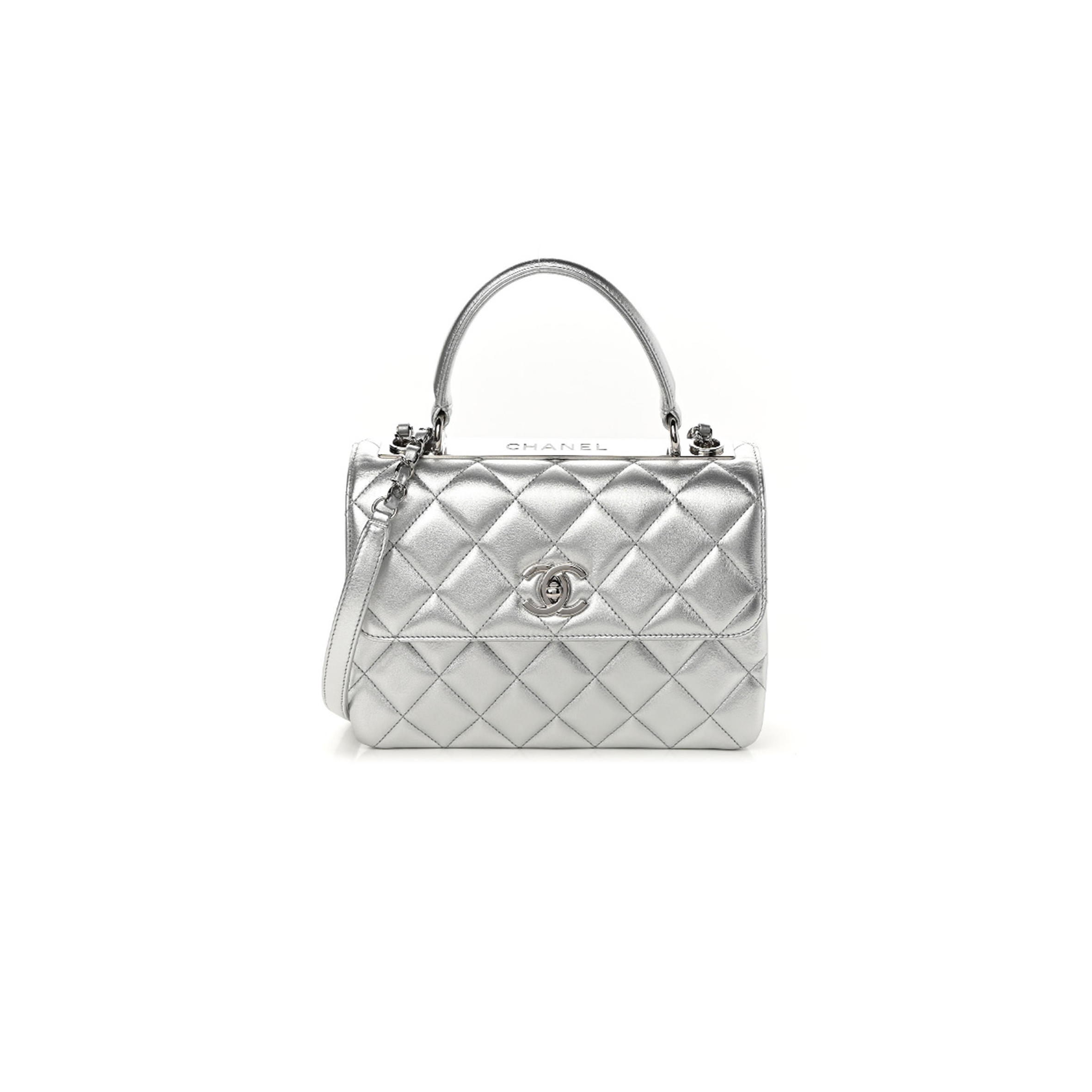 CHANEL METALLIC LAMBSKIN QUILTED SMALL TRENDY CC FLAP DUAL HANDLE BAG SILVER  (25*17*9cm)